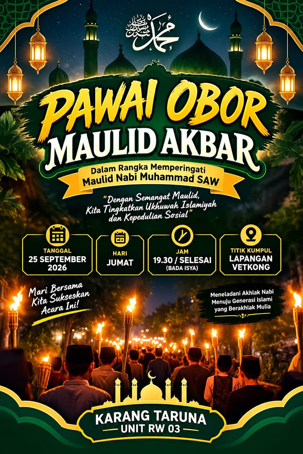 ‎Meriah! Pawai Obor Maulid Akbar Digelar Karang Taruna RW 03, Ratusan Warga Tumpah Ruah.